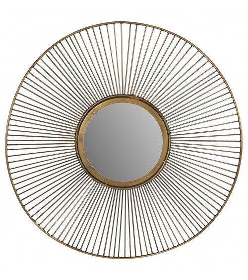 Miroir rond. Des rayons dorés décorent le petit miroir au centre.