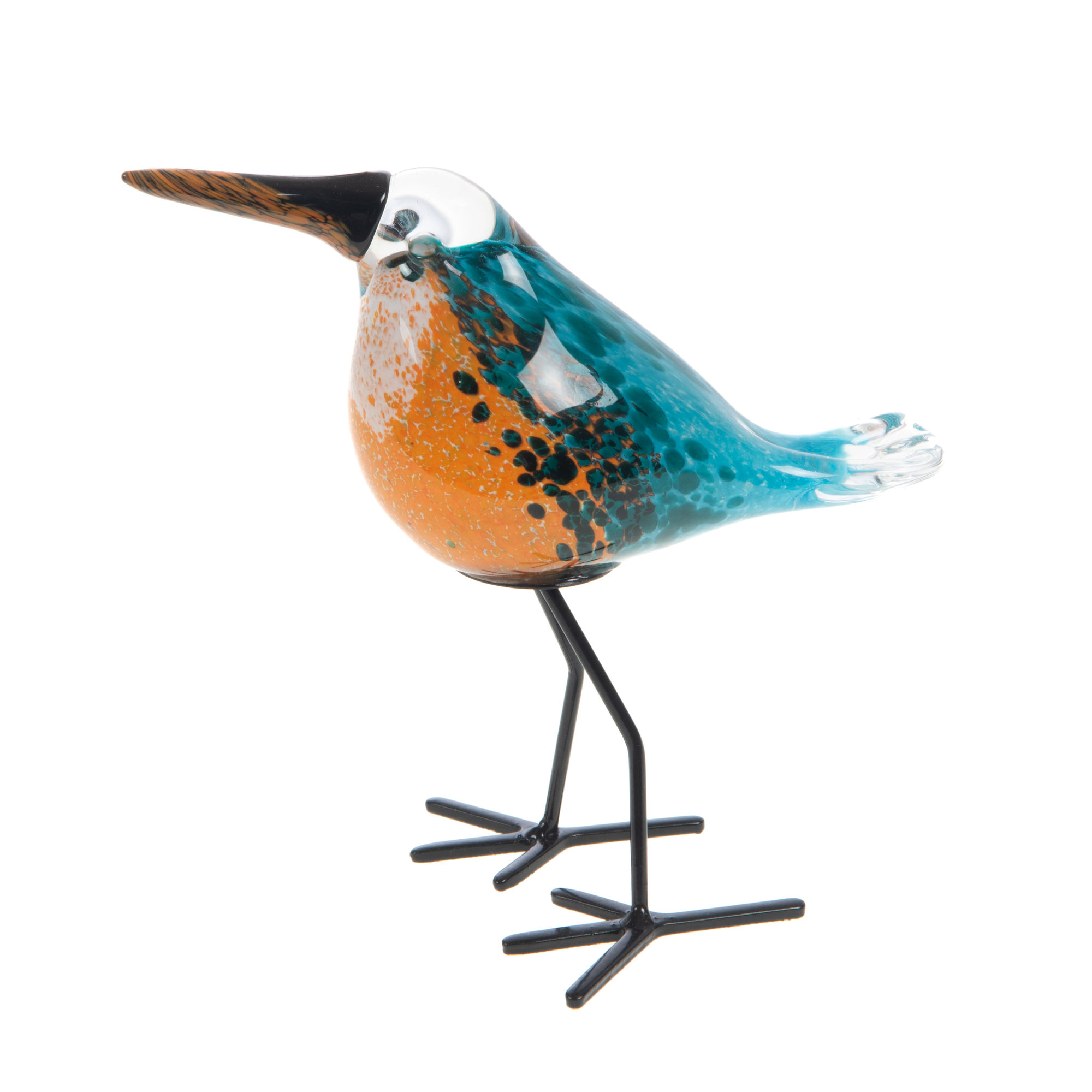 Figurine décorative martin-pêcheur en verre soufflé sur pied métal, élégante et raffinée