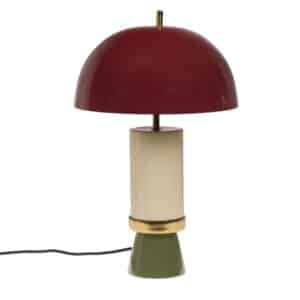 Lampe de table style vintage, abat-jour bordeaux, pied en fer laqué beige, vert et doré