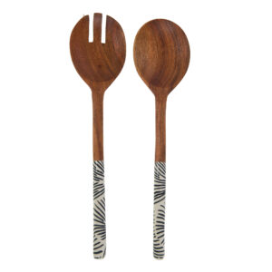 Lot de 2 couverts de service EVA en bois d'acacia avec poignée décorée motifs graphiques bicolores