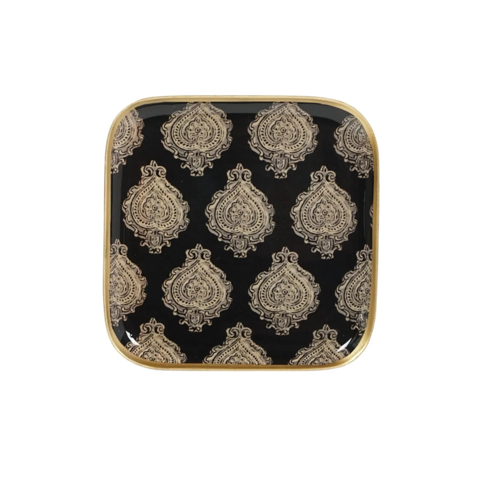 Plateau carré métal émaillé noir bordure dorée vintage chic 20x20cm
