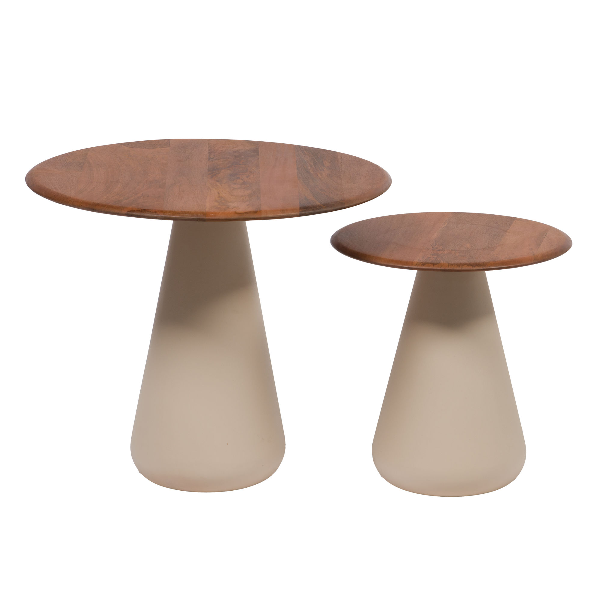 Lot de deux bouts de canapé DARI, tables gigognes avec plateau rond en bois de manguier et pied conique en métal beige