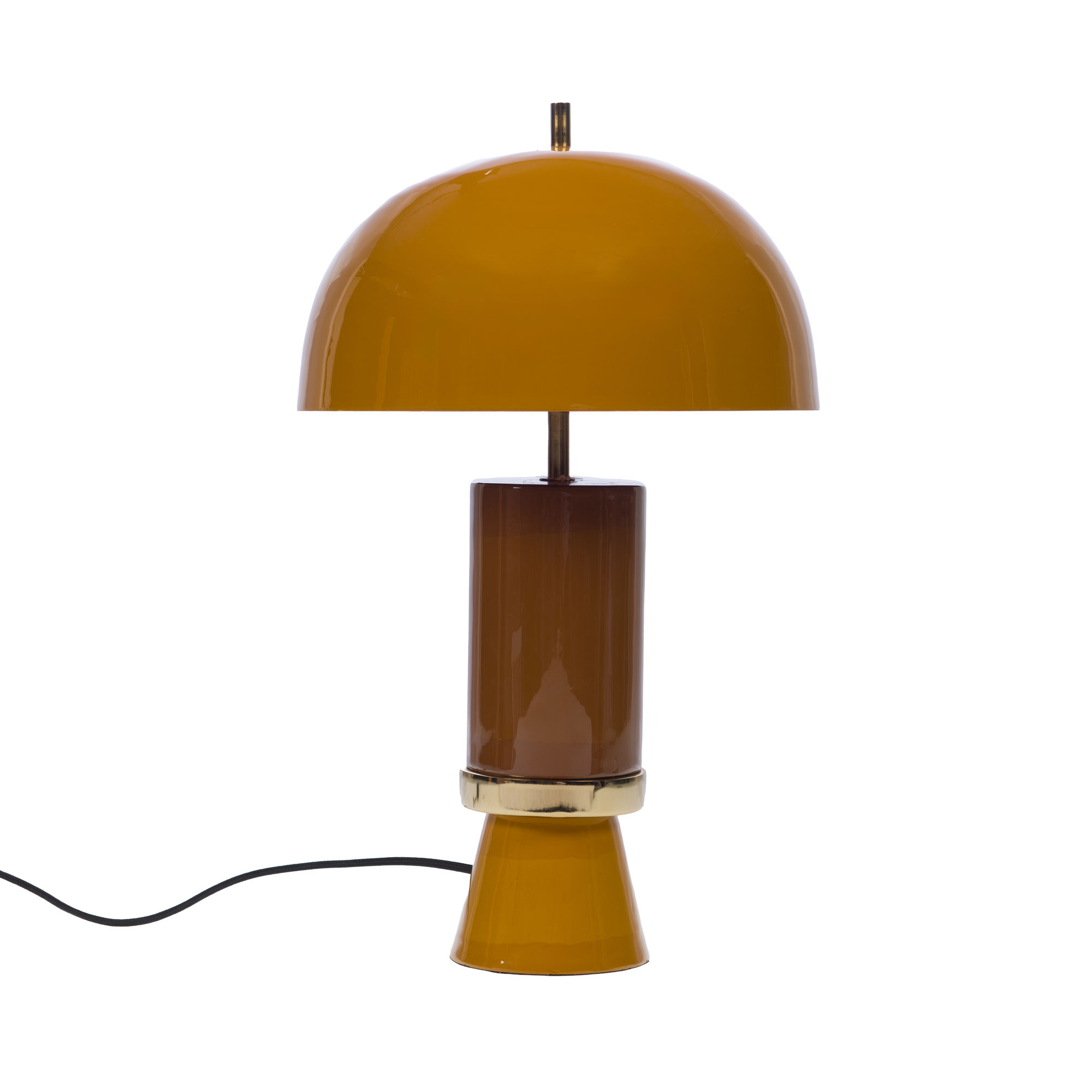 Lampe de table VINTAGE en fer, avec un large abat-jour en dôme jaune brillant et un pied marron et jaune