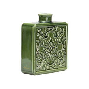 Un grand vase AZULEJO vert en céramique portugaise au design rectangulaire affirmé avec motifs baroques en relief.