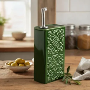 Un huilier AZULEJO vert en céramique posé sur une table en bois rustique à côté d'une coupelle d'olives.