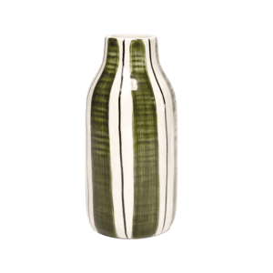 Vase en céramique GIULIA (10,5x25,5 cm). Rayures verticales vert kaki et touche peinte à la main pour une déco méditerranéenne chic.