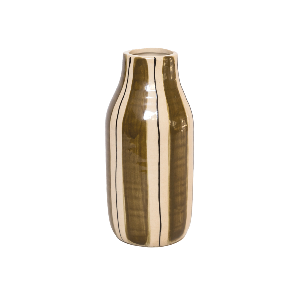 Vase en céramique GIULIA beige (10x20,5 cm). Rayures verticales naturelles et finition artisanale pour un esprit chic et chaleureux.