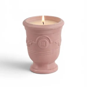 Bougie parfumée figue & herbes sauvages, dans un contenant rose pot d'anduze sur fond blanc