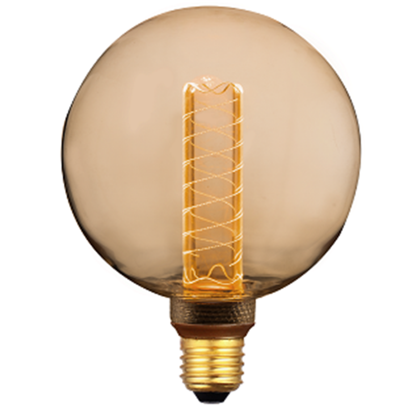 Grande ampoule Qlub rétro globe XXL de 125mm en verre ambré avec double filament vertical torsadé.