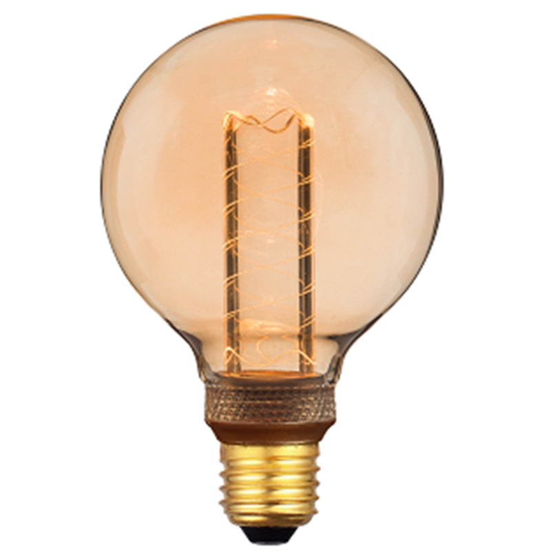 Ampoule Qlub rétro globe 95mm LED allumée en verre ambré avec double filament vertical torsadé.