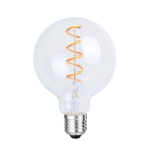 Ampoule vintage globe 95mm en verre clair révélant un élégant filament LED en spirale torsadée.
