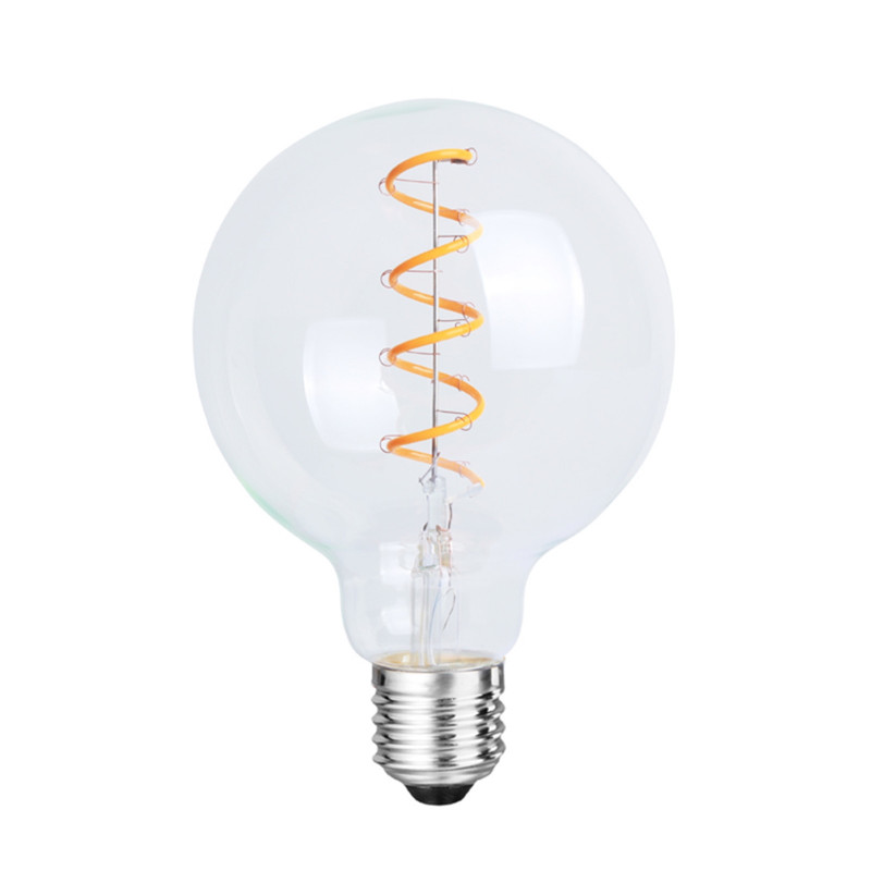 Ampoule vintage globe 95mm en verre clair révélant un élégant filament LED en spirale torsadée.