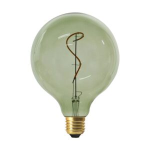 ampoule LED globe RUBIS vert olive (Ø 125 mm). Verre teinté rose et gris, filament spiralé.