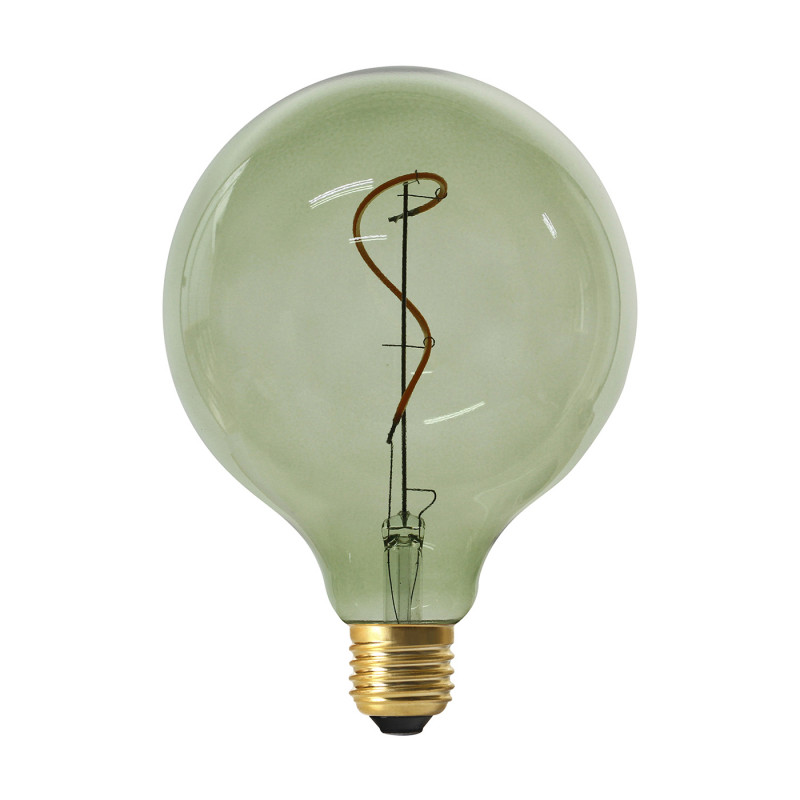 ampoule LED globe RUBIS vert olive (Ø 125 mm). Verre teinté rose et gris, filament spiralé.
