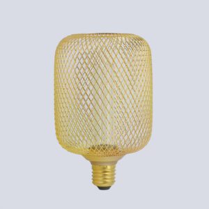 Ampoule LED maillée MESH de 100mm de forme allongée et cylindrique avec structure grillagée en métal doré.