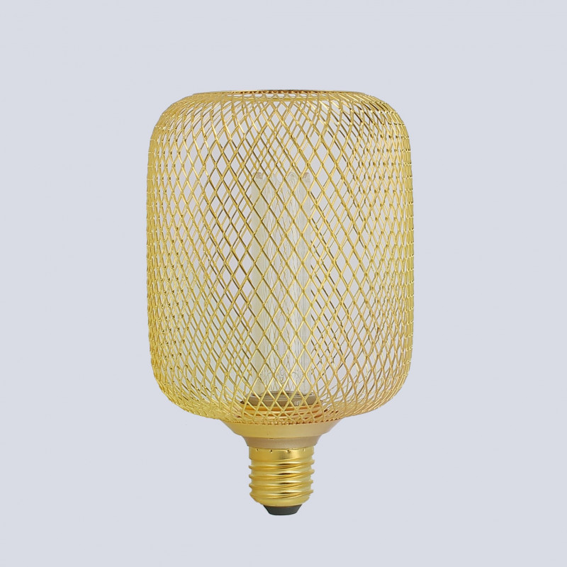 Ampoule LED maillée MESH de 100mm de forme allongée et cylindrique avec structure grillagée en métal doré.