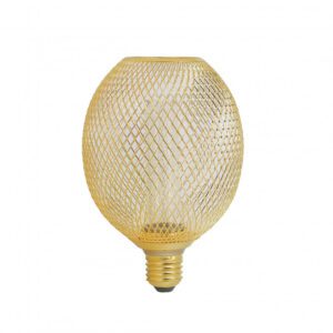 Ampoule LED maillée MESH de 110mm de forme ovale avec une structure grillagée en métal doré.