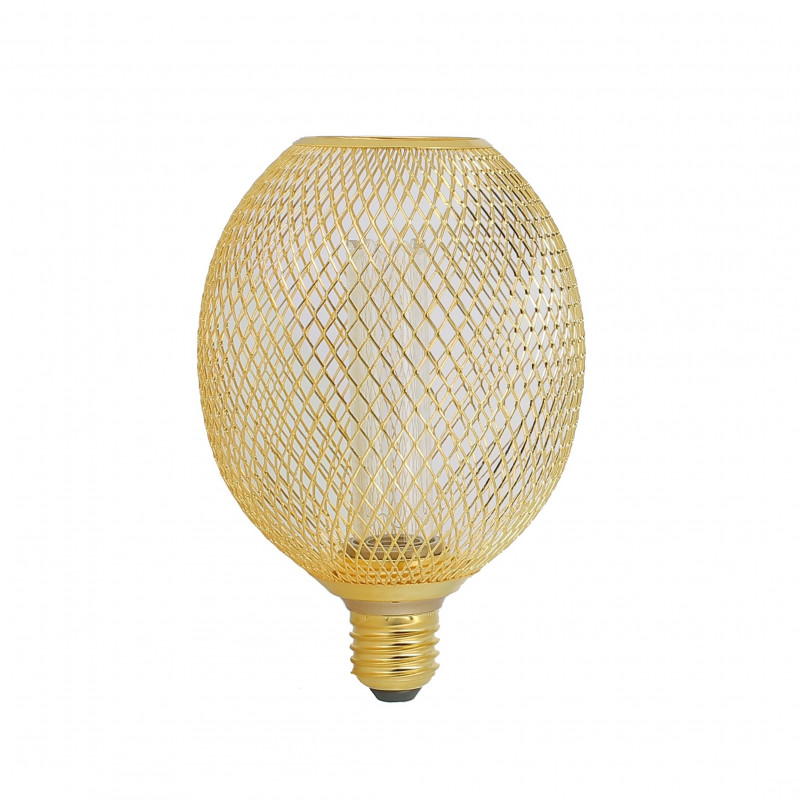 Ampoule LED maillée MESH de 110mm de forme ovale avec une structure grillagée en métal doré.