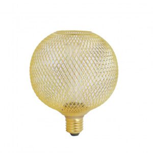 Grande ampoule globe LED maillée MESH de 125mm de forme ronde avec une structure grillagée en métal doré.