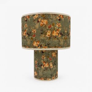 lampe ukiyo en papier effet tissu texturé, motif floral kaki, beige et rose